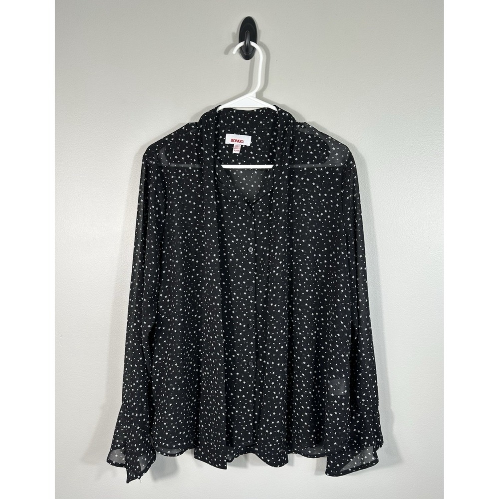 Bongo Blouse Women Large Black Button Up Stars Celestial Whimsigoth Witchy Sheer